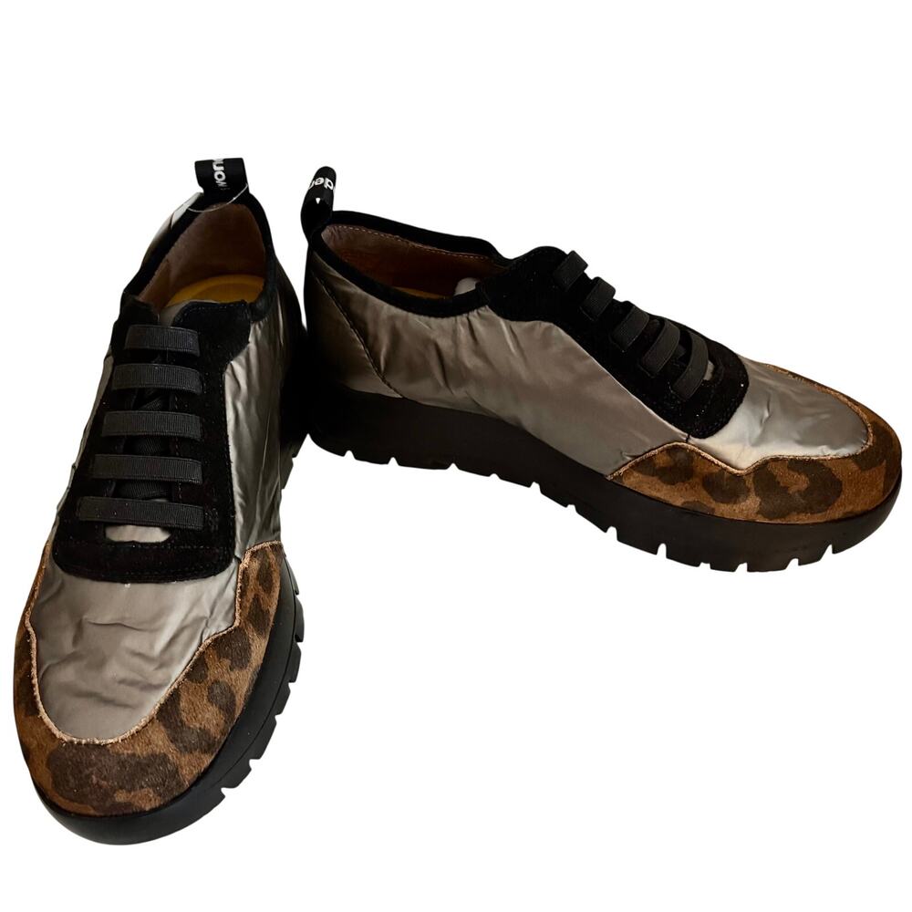 NWT Wonders Spain Suede Leather Leopard Platform Wedge Sneaker Black Streetwear